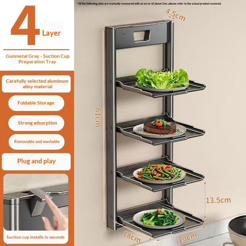 Kitchen Suction-cup Vegetable Prep Wall-mounted Multi-tier Foldable Storage Rack For Home Use